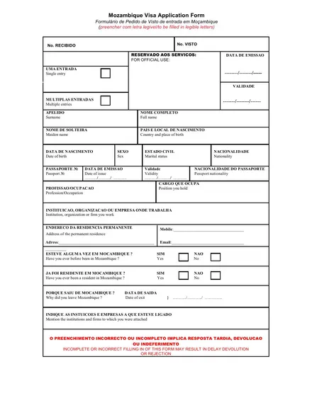 Primeira página de Formulário de pedido de visto de entrada em Moçambique